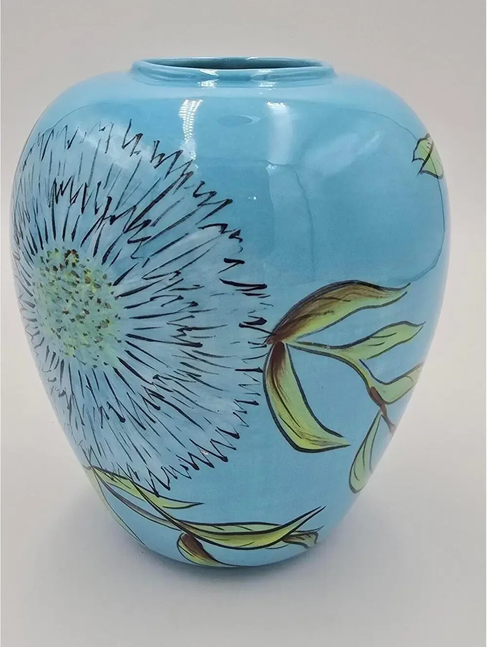 Vintage Hand Painted Turquoise Ceramic Floral Vase Modern Art Pottery Decor